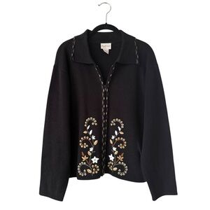 Crystal Kobe Black Collared Embroidered Cardigan Sweater Size L Full Zip